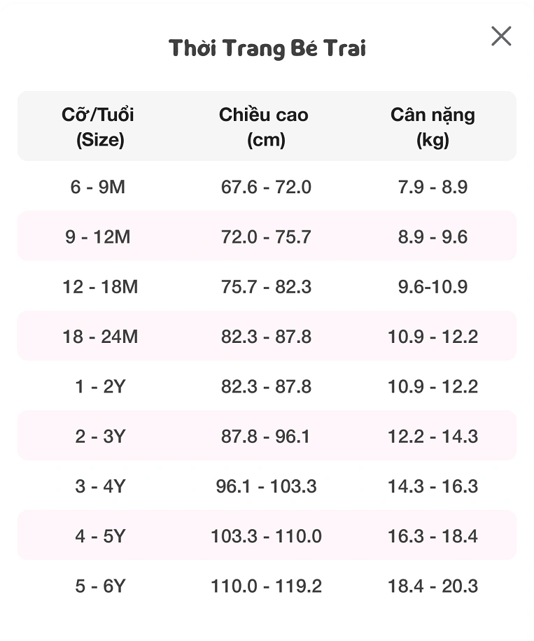 Bảng size Animo d&agrave;nh cho b&eacute; trai từ 6 th&aacute;ng - 6 tuổi.