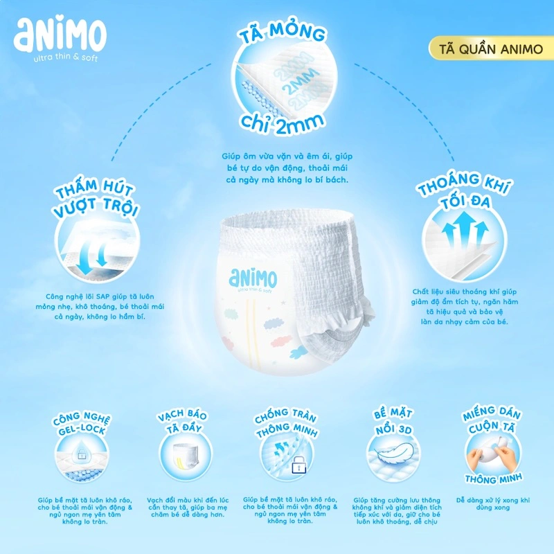 Bỉm Animo với nhiều đặc t&iacute;nh ưu việt, c&ugrave;ng mức gi&aacute; dễ chịu l&agrave; lựa chọn của nhiều mẹ bỉm