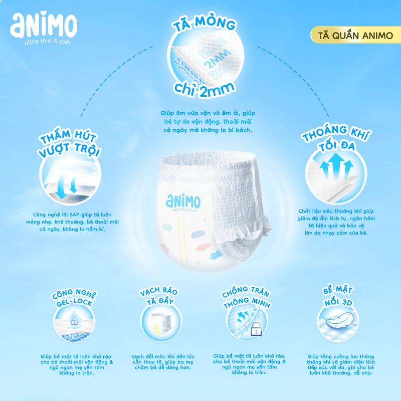 t&atilde; bỉm Animo Ultra Thin l&otilde;i thấm h&uacute;t cả ng&agrave;y đ&ecirc;m
