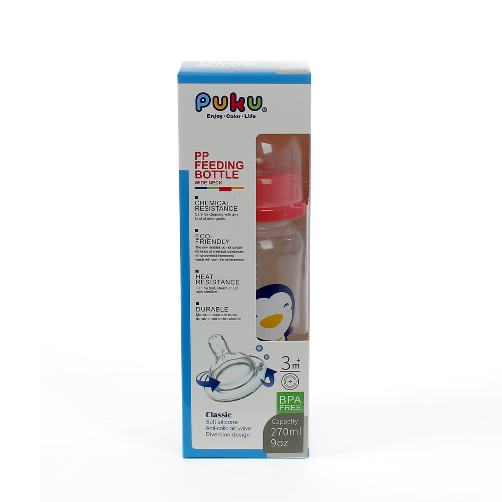 Bình sữa PUKU nhựa PP cổ rộng 270ml Hồng